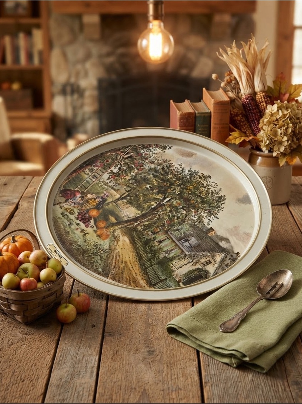 Vintage Currier & Ives Autumn Harvest Oval Decorative Tray